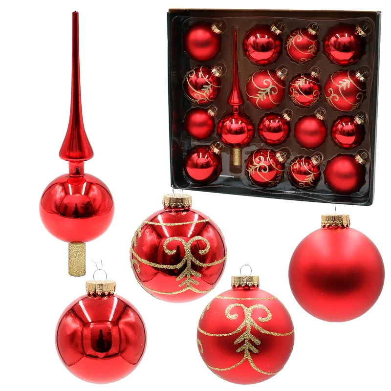 Dekohelden24 Lauschaer Christmas Tree Decorations - Set of 16 Baubles Including 1 Glass Tree Topper, Hand-Decorated, Red Matt and Glossy, 6.7 and 8 cm, with Golden Crown