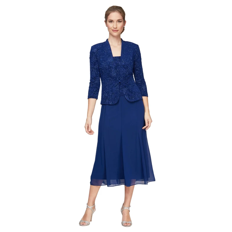 Alex Evenings Women's Button-Front Jacket Dress Special Occasion, Electric Blue Tea Length, 8 Petite