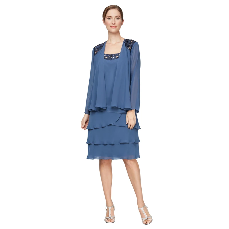 S.L. Fashions Women's Mother of The Bride Jacket Dress with Embellished Shoulder, (Petite and Regular Sizes) Special Occasion, Wedgewood, 10