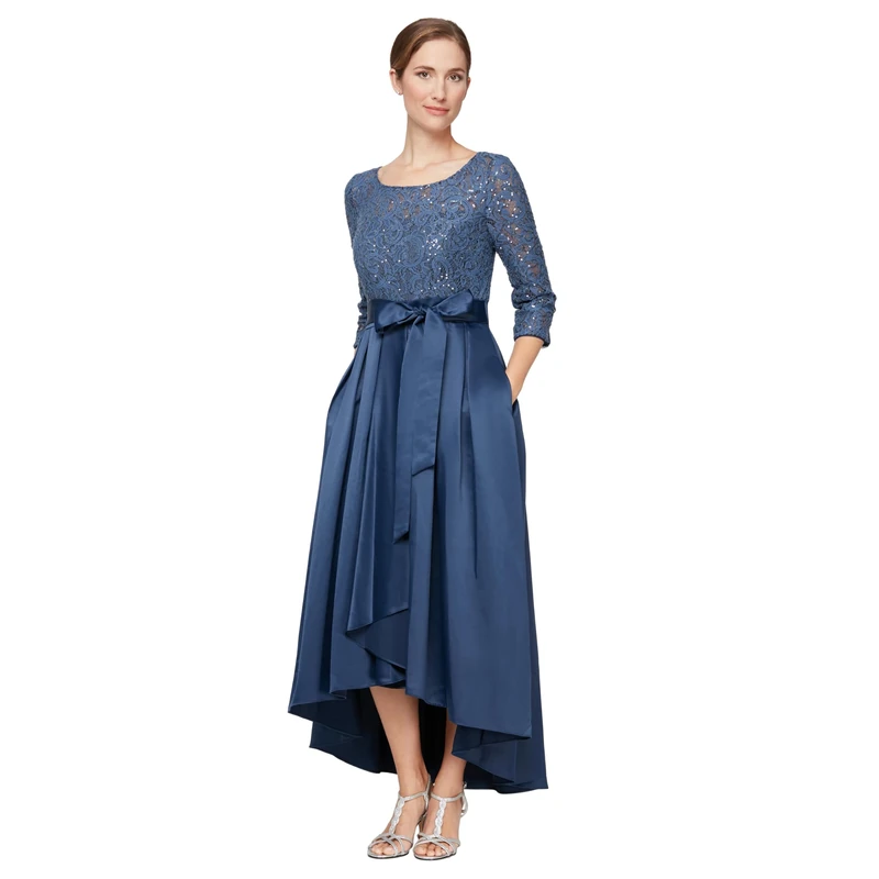 Alex Evenings Women's Satin Ballgown Dress with Sleeve (Petite and Regular Sizes) Special Occasion, Wedgewood, 18