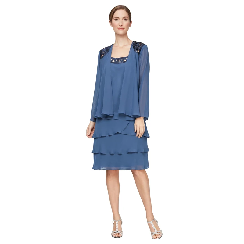 S.L. Fashions Women's Embellished Tiered Sequin Jacket Dress (Petite and Regular) Special Occasion, Wedgewood, 20