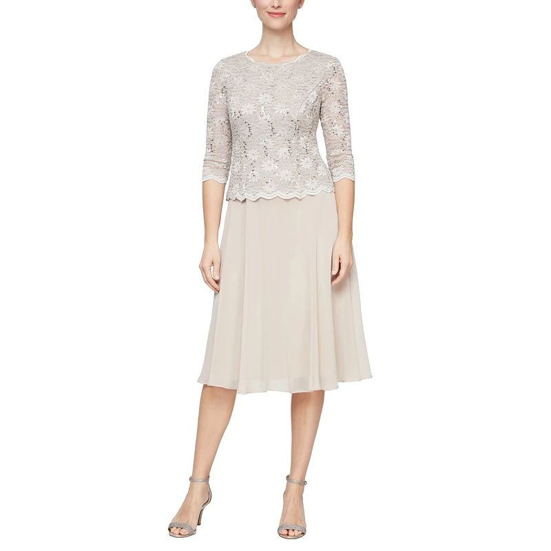 Alex Evenings Women's Tea Length Sequin Mock (Petite and Regular Sizes) Special Occasion Dress, Taupe Sequin, 12 UK