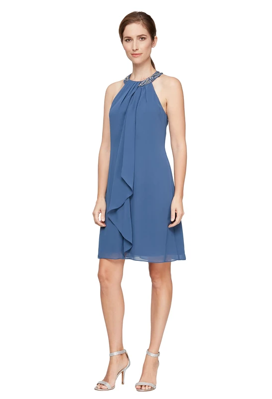 S.L. Fashions Women's Jewel Halter Sheath Dress (Petite and Regular) Special Occasion, Wedgewood, 10