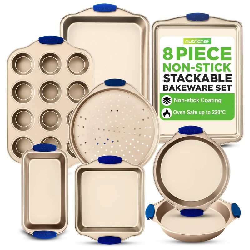 NutriChef Non-Stick Baking Tray Set 8-Piece , Stackable Bakeware Tins with Cookie Sheet, Roasting Pan, Square Loaf Pan, Pizza Pan, Muffin Pan, Cake Tin, Space-Saving Gold Oven Baking Set