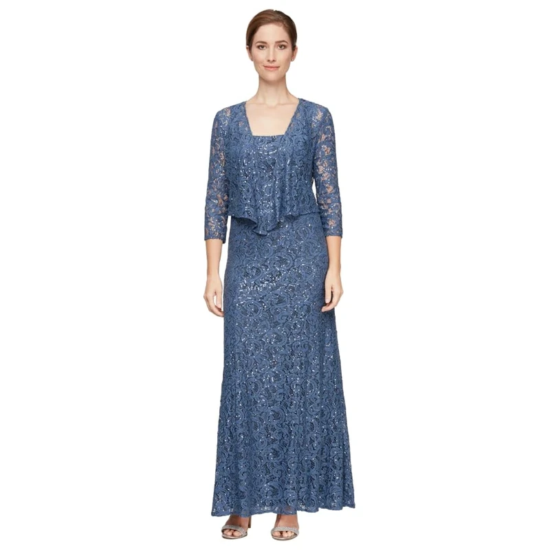 Alex Evenings Women's Long Lace Jacket Special Occasion Dress, Wedgewood, 18