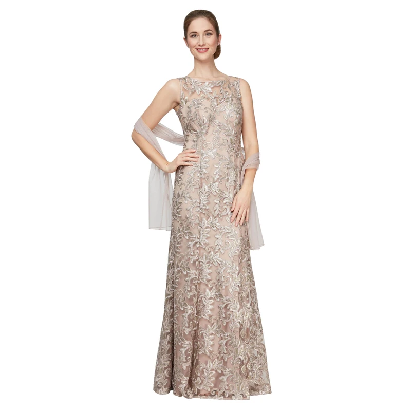 Alex Evenings Women's Long Sleeveless Dress with Shawl Special Occasion, Champagne, 8