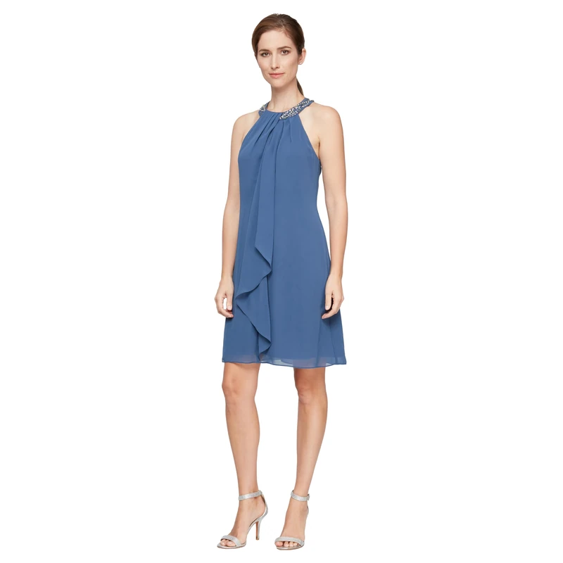S.L. Fashions Women's Jewel Neck Halter Dress (Petite and Regular) Special Occasion, Wedgewood, 16