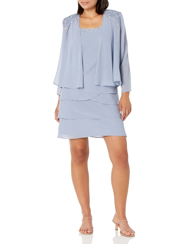 S.L. Fashions Women's Embellished Tiered Jacket Dress (Petite and Regular) Special Occasion, Hydrangea, 14