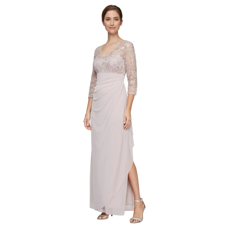 Alex Evenings Women's Long Lace Top Empire Waist Dress, Faded Rose Petite, 12 Petite
