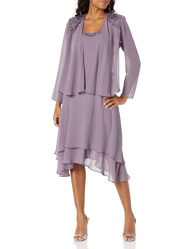 S.L. Fashions Women's Two-Piece Dress with Long-Sleeve Embellished Jacket Special Occasion, ICY Orchid, 12 Petite