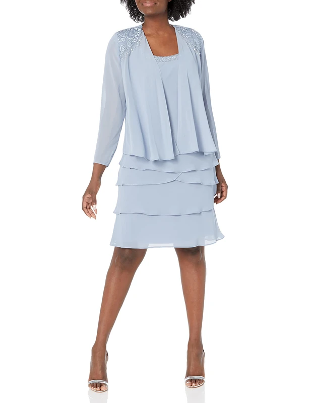 S.L. Fashions Women's Mother of The Bride Tiered Jacket Dress with Shoulder Embellishment (Petite and Regular Sizes) Special Occasion, Hydrangea, 22