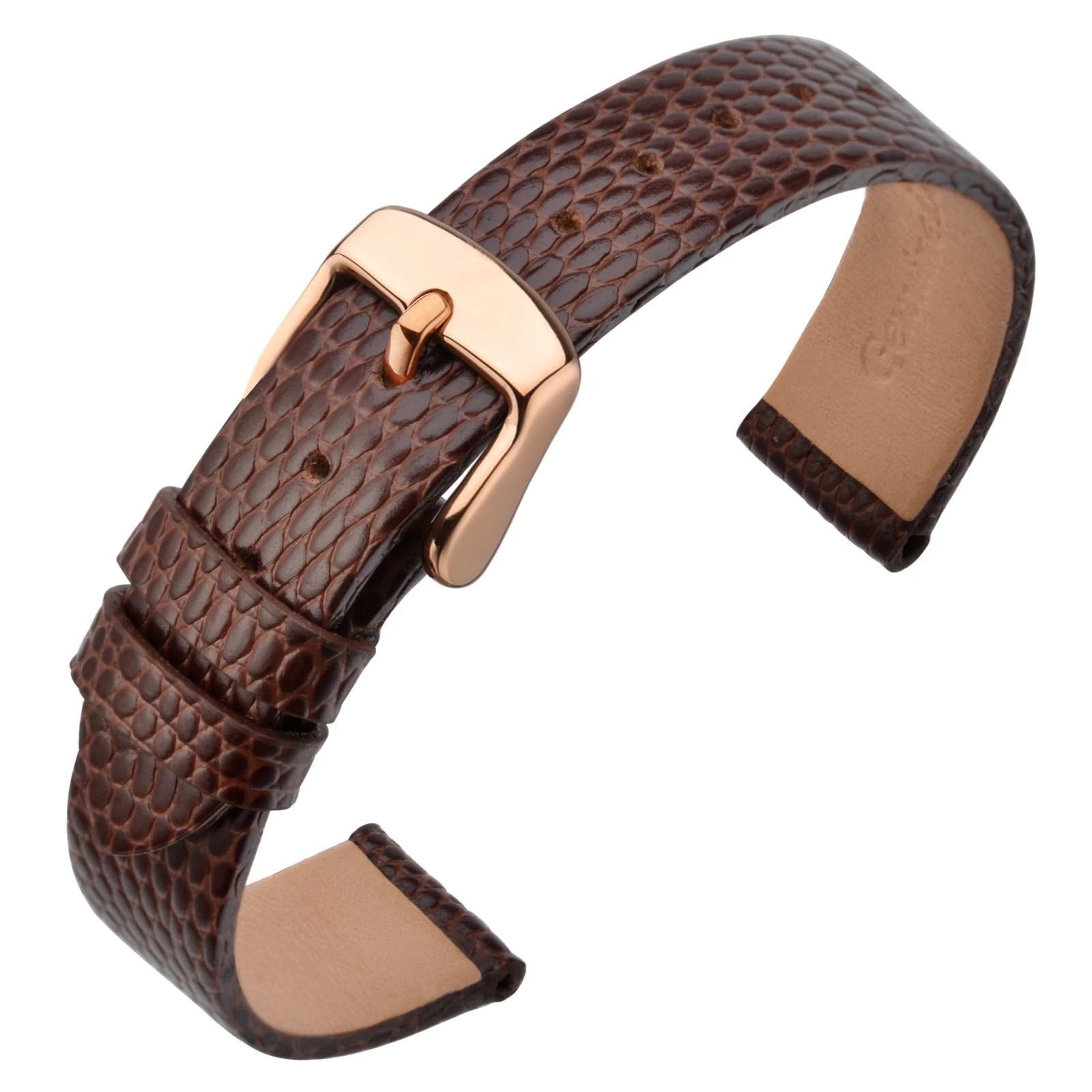 ANNEFIT Ladies Watch Straps 18mm with Rose Gold Buckle, Lizard Grain Leather Replacement Band for Women (Brown)