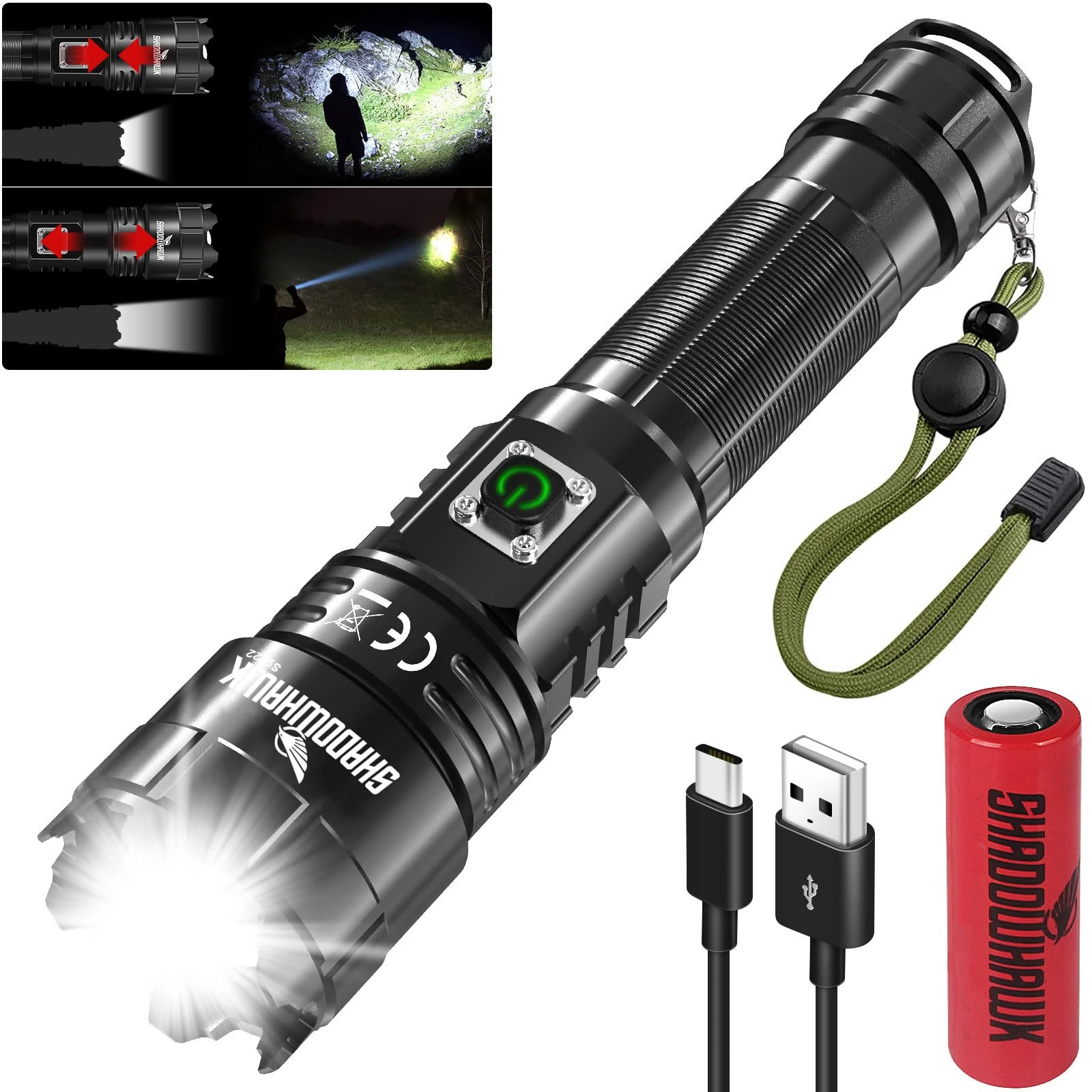 Shadowhawk Torches LED Super Bright, 500000 Lumens Rechargeable LED Torch, USB Flashlight, XHP70.2, IP67 Waterproof, 5 Light Modes Zoomable, for Camping Hiking Emergency