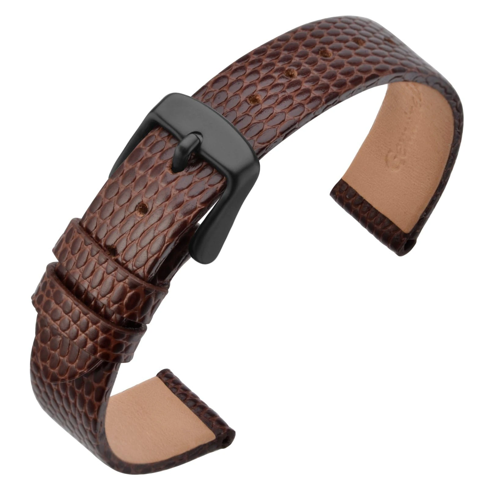 ANNEFIT Women's Leather Watch Band 18mm with Black Buckle, Lizard Grain Slim Thin Replacement Strap (Brown)