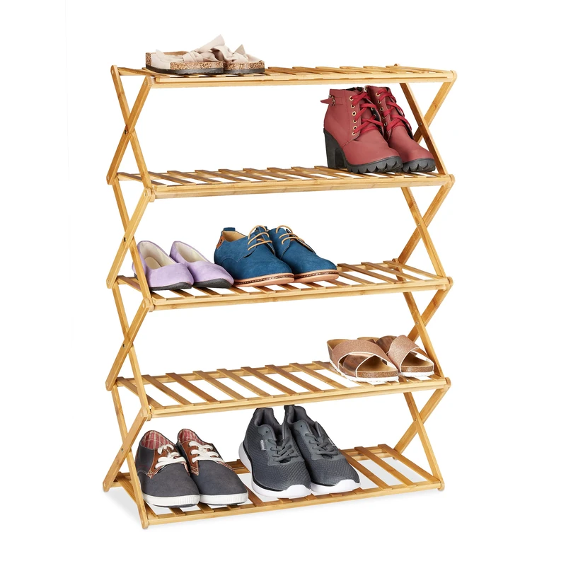 Relaxdays Bamboo Shoe Rack 5 Levels, 15 Pairs, Shoes Storage for Hallway, HWD: 89 x 67 x 26 cm Foldable, Stable, Natural