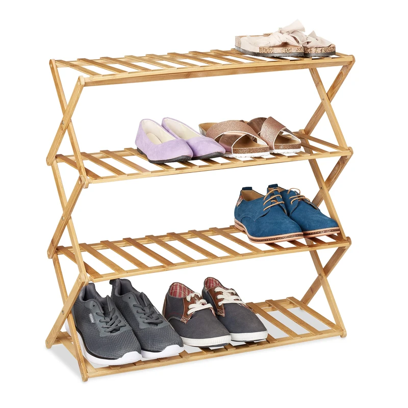 Relaxdays Bamboo Shoe Rack 4 Levels, 12 Pairs, Shoes Storage for Hallway, HWD: 68 x 67 x 26 cm Foldable, Stable, Natural