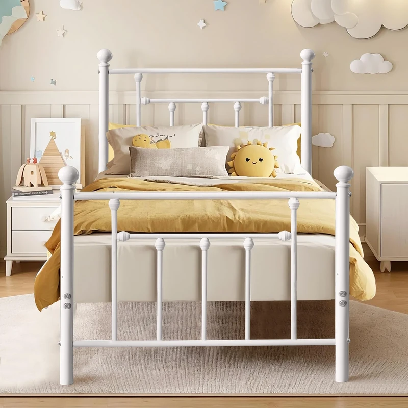 VECELO 3ft Single Bed Frame, Metal Platform with Victorian Style Headboard, Heavy Duty Steel Slat Support, No Box Spring Needed Mattress Foundation, Underbed Storage Space, Easy Assemble