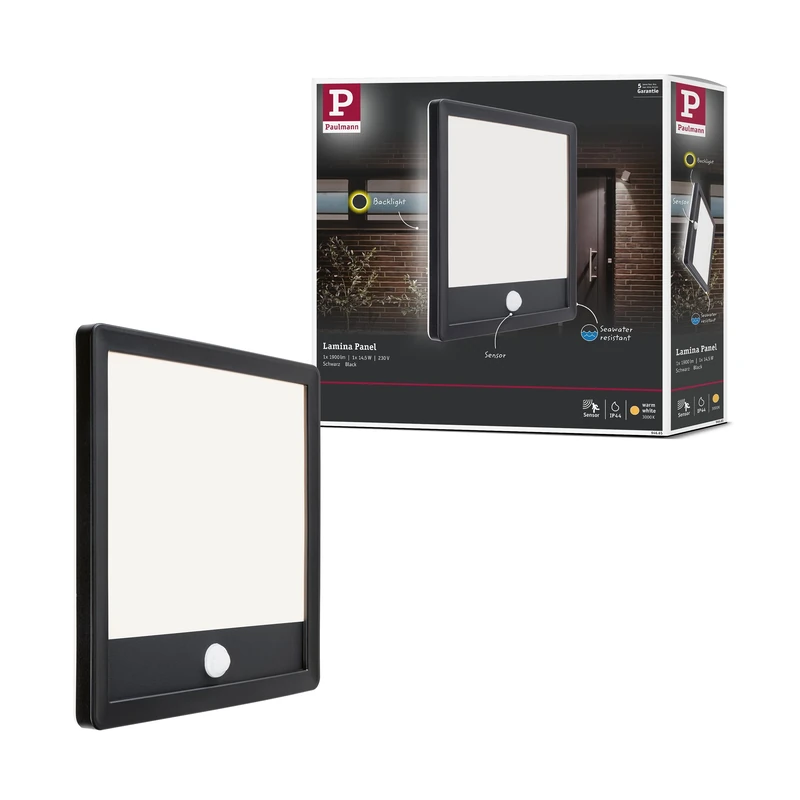 Paulmann 94665 Lamina LED Outdoor Light Panel with Motion Sensor IP44 Square Including 1 x 14.5 W Warm White Black Plastic Light Panel 3000 K