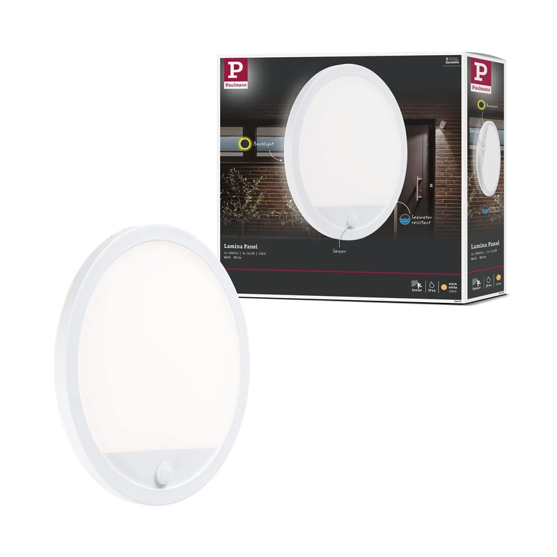 Paulmann 94662 LED Outdoor Light Panel Lamina with Motion Sensor IP44 Round Including 1 x 14.5 W Warm White Outdoor Panel Plastic Light Panel 3000 K