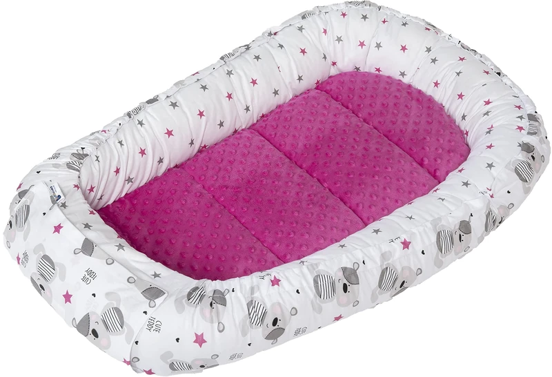 Medi Partners Baby Nest Pod for Newborn Babynest Sleep Bed - 100x60x15 Lounger Essentials 0-12 Months sleeping bilateral Cocoon 100% Cotton (Teddy with dark pink Plush)