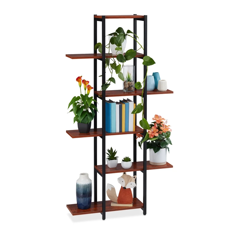 Relaxdays Large Plant Stand, Modern Pot Holder with 6 Tiers, 150 x 78 x 24 cm, Black Metal Frame, MDF Shelving Brown