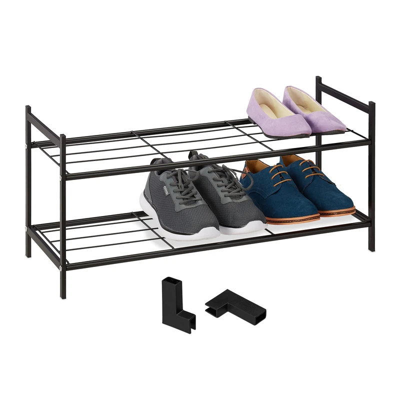 Relaxdays Rack 2 Levels, Plastic Connectors, 6 Pairs, Shoes Storage, 33.5 x 70 x 26 cm Stackable, Stable, Black, Iron