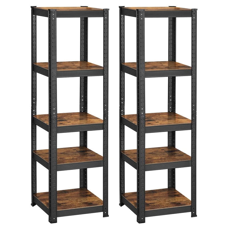 SONGMICS Set of 2 Shelving Units, 37 x 37 x 150 cm, 400 kg Load Capacity (80 kg per Shelf), Industrial, Adjustable Storage Shelves, for Living Room, Kitchen, Garage, Rustic Brown and Black GLR037B02