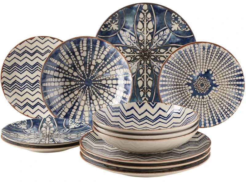 MÄSER 934017 Iberico Blue 12-Piece Dinner Service for 4 People in Moorish Style, Plate Set with Various Vintage Patterns in White and Blue, Stoneware