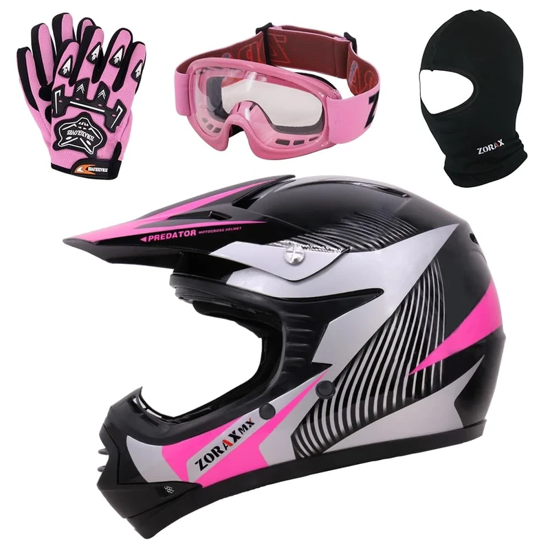 Zorax ZOR-X19 Pink XL (55-56cm) PREDATOR Kids Motorbike Motocross MX Helmet ECE 2206 & Gloves XL (8cm) & Goggles & Balaclava