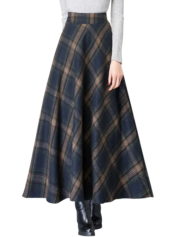 ebossy Women's Vintage High Waist Wool Blend Plaid A-Line Long Maxi Skirt with Pocket, Plaid Blue, Medium