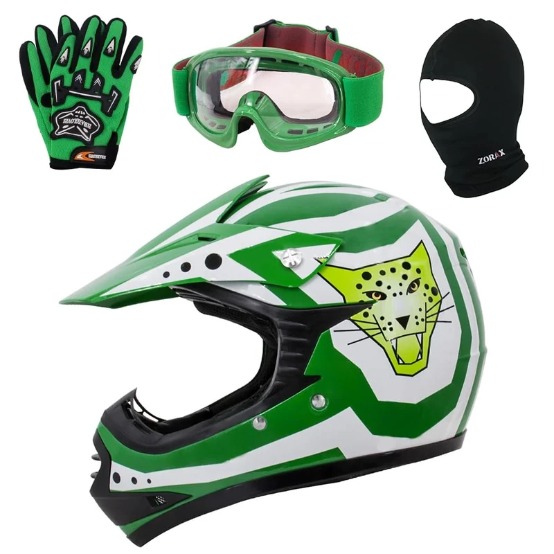 Zorax Green L (53-54cm) ZOR-X17 Children Kids Motorbike Helmet ECE 2206 & Gloves L(7cm) & Goggles & Balaclava - Dirt Bike Off Road Motocross Helmet