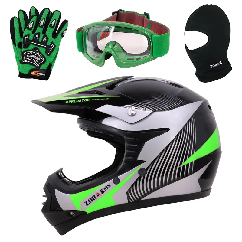 Zorax ZOR-X19 Green S (49-50cm) PREDATOR Kids Motorbike Motocross MX Helmet ECE 2206 & Gloves S (5cm) & Goggles & Balaclava