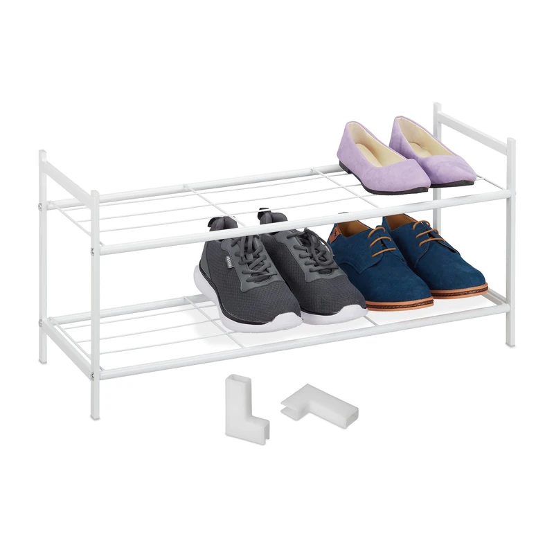 Relaxdays Rack 2 Levels, Plastic Connectors, 6 Pairs, Shoes Storage, 33.5 x 70 x 26 cm Stackable, Stable, White, Iron