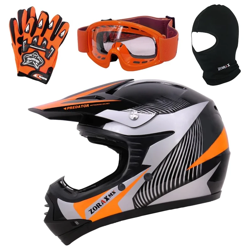 Zorax ZOR-X19 Orange M (51-52cm) PREDATOR Kids Motorbike Motocross MX Helmet ECE 2206 & Gloves M (6cm) & Goggles & Balaclava