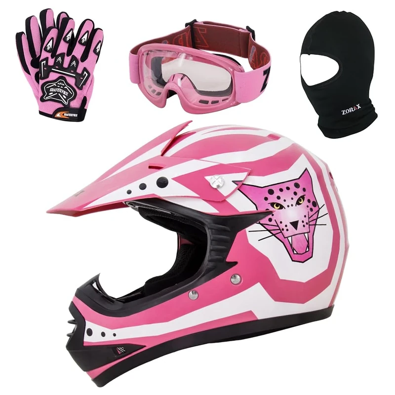 Zorax Pink XL (55-56cm) ZOR-X17 Children Kids Motorbike Helmet ECE 2206 & Gloves XL(8cm) & Goggles & Balaclava - Dirt Bike Off Road Motocross Helmet