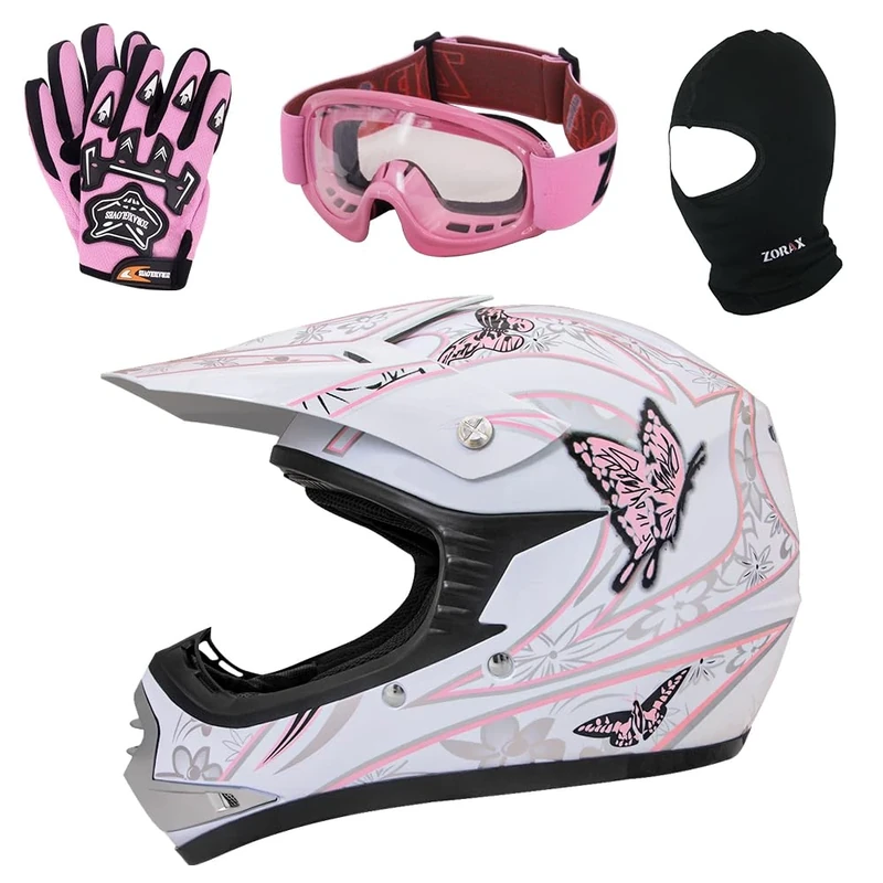 Zorax ZOR-X18 Butterfly M (51-52cm) Children Kids Motocross Helmet ECE 2206 & Gloves M(6cm) & Goggles & Balaclava - Dirt Bike Off Road Motorbike Helmet
