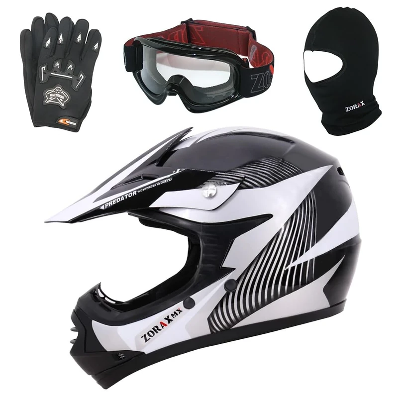 Zorax ZOR-X19 White L (53-54cm) PREDATOR Kids Motorbike Motocross MX Helmet ECE 2206 & Gloves L (7cm) & Goggles & Balaclava