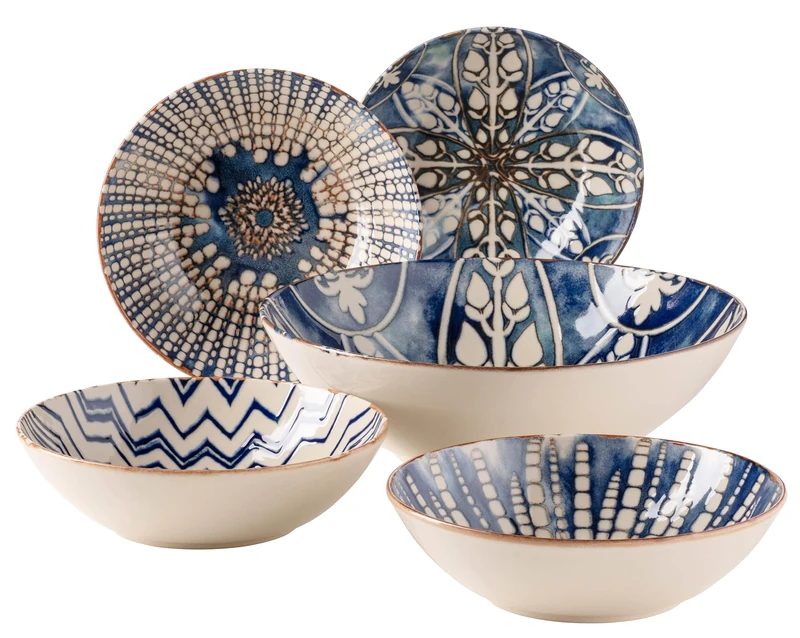 MÄSER 934018 Iberico Blue, 5-Piece Bowl Set in Moorish Style, 1 Large Salad Bowl and 4 Bowls for Salad, Cereal, Soup or Pasta, with Various Vintage Patterns in White and Blue, Stoneware
