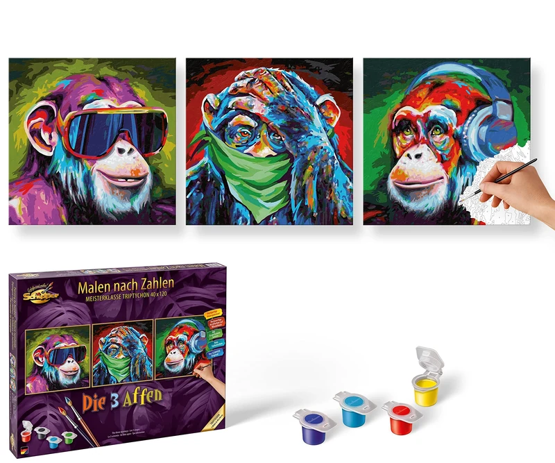 Schipper 602100570 Numbers The Three Monkeys Adults, Includes Brush and Acrylic Paints, 120 x 40 cm