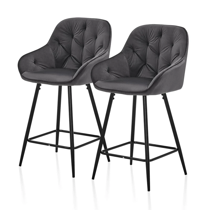 TUKAILAi Bar Stools Set of 2 Grey Velvet Upholstered Kitchen Counter Stools with Armrest,Metal Legs and Footrest, 65cm Seat Height Pub Breakfast Chairs for Home Dining Island Easy Assembly
