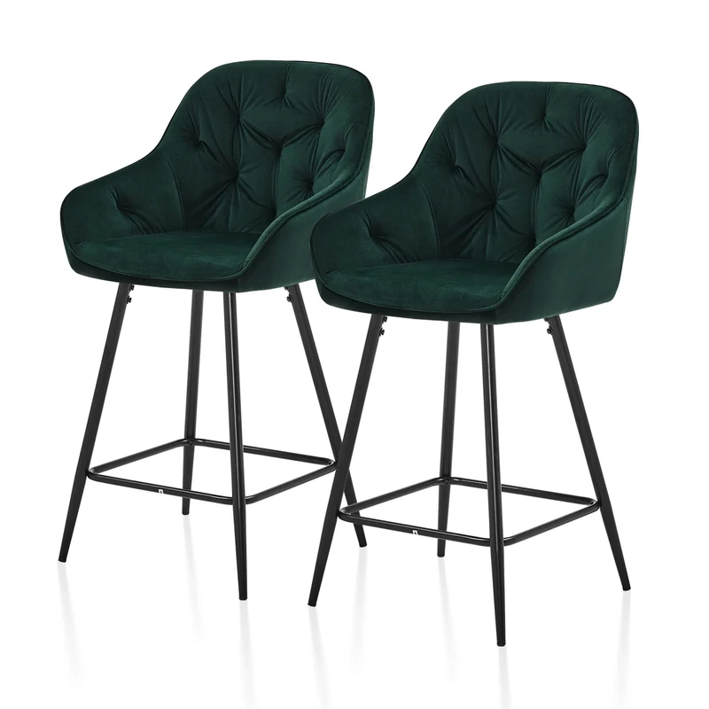 TUKAILAi Bar Stools Set of 2 Velvet Breakfast Kitchen Counter Chairs with Footrest and 4 Metal Legs, Industrial Dining Island Pub Party Barstools Green