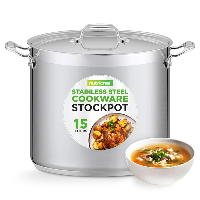 NutriChef Stainless Steel Stock Pot with Lid, 15L Big Stockpots for Stew, Soup, Pasta, Meat- Induction Ready, Large Cooking Pot with Ergonomic Handles, Safe