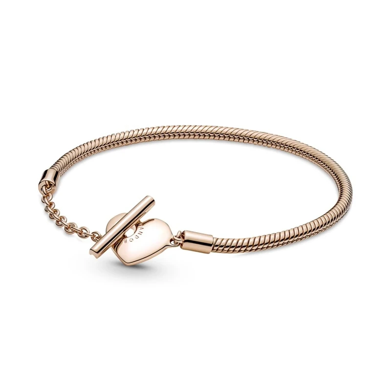 Pandora Moments Snake chain 14k rose gold-plated T-bar heart bracelet, 19