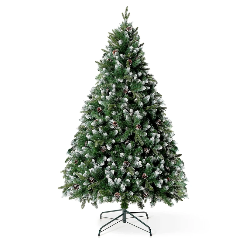 VeryMerry 5FT 'Glacier' Snowy Christmas Tree with Real Frosted Pinecones, Foldable Metal Stand, Snow Flocked Artificial Tree PVC and PE tips