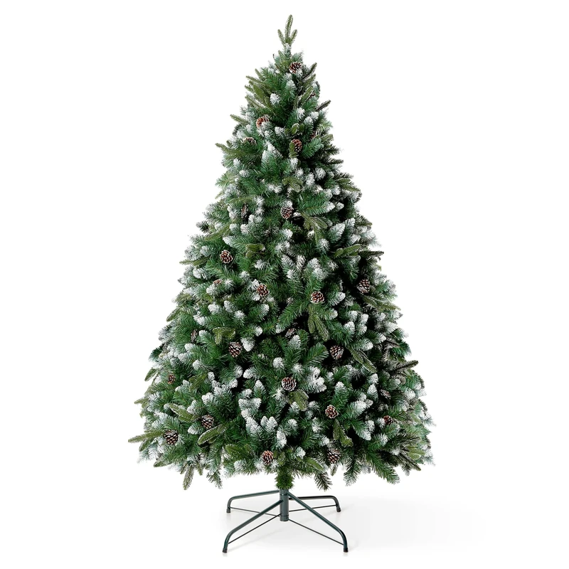 VeryMerry 6FT 'Glacier' Snowy Christmas Tree with Real Frosted Pinecones, Foldable Metal Stand, Snow Flocked Artificial Tree PVC and PE tips