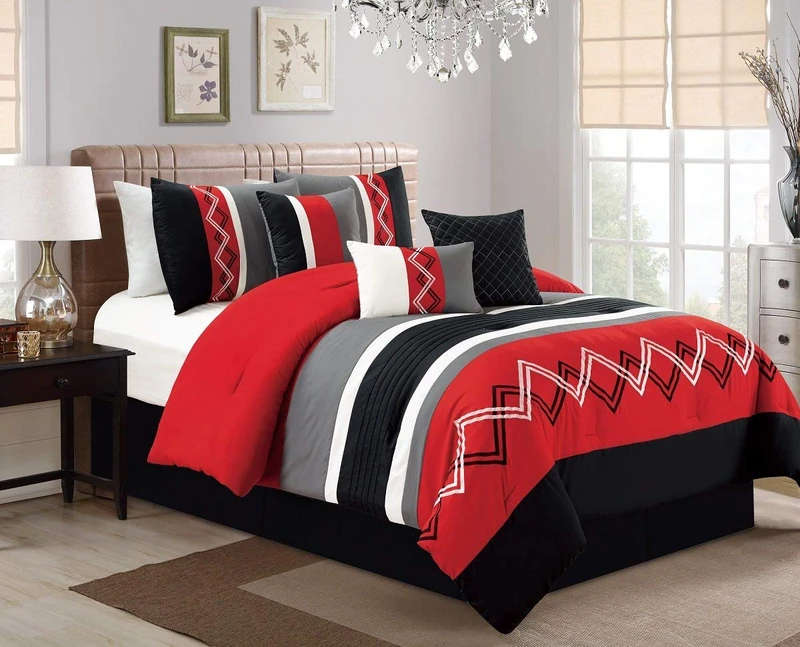 Chezmoi Collection Arden 7-Piece Modern Pleated Stripe Embroidered Zigzag Bedding Comforter Set (Queen, Red/Black/Gray/Off-White)