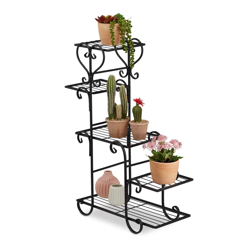 Relaxdays Stand Metal, for 5 Potted Plants, Flower Rack Indoor, Vintage Design, HWD 75 x 56 x 23 cm, Tiered, Black, Iron