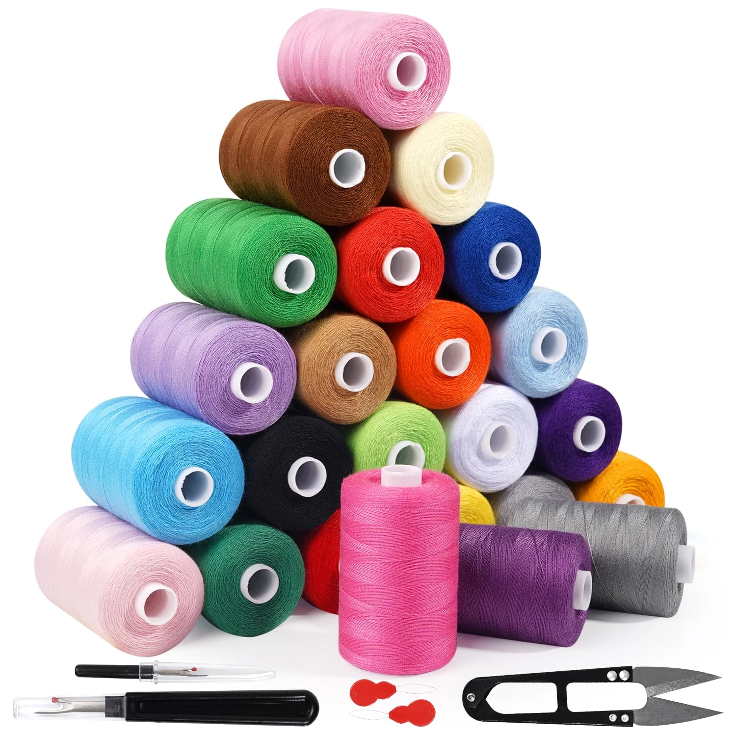 JUNING Sewing Thread Kit 24 Colors Polyester Thread 1000yds per Spool with Sewing Supplies Accessories Embroidery Machine Thread Kit for Hand Stitching, Quilting & Sewing Machine