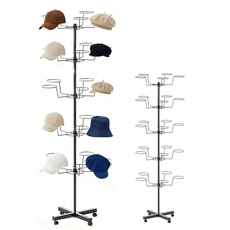 uyoyous 5-Tier 25 Hat Rotating Wig Head Holders Hat Display Rack Free Standing Modern Headwear Wig Rack Metal Floor Rack for Caps, Wigs & Hats