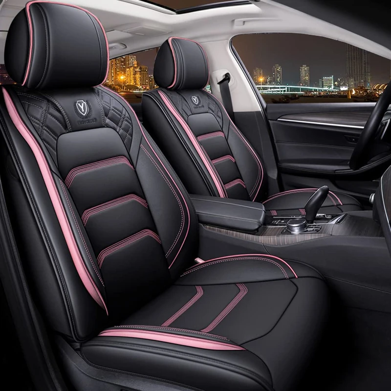 YXQYOEOSO OSO Comfortable Leather Auto Car Seat Covers 5 Seats Full Set Universal Fit (Black - Pink)